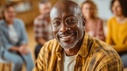 Fototapeta premium Portrait of a smiling mature man wearing glasses with a group of people in the background. Concept of leadership, mentoring, and community. Perfect for business, education, and wellness themes.