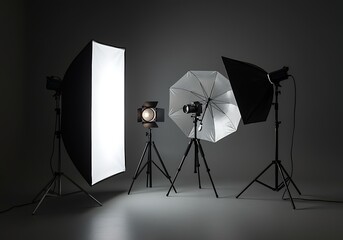 Professional Photography Studio Setup with Lighting Equipment and Camera for Creative Photo Shoots and Commercial Projects