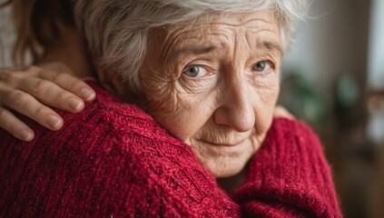 Close-up of a sad senior woman being hugged by a younger person. Emotional family support concept. Perfect for healthcare, caregiving, aging, mental health, and social awareness themes.