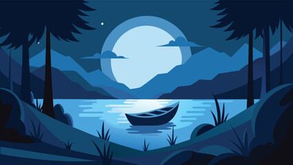 Serene Night Landscape with Boat on Lake, Full Moon over Mountains and Forest