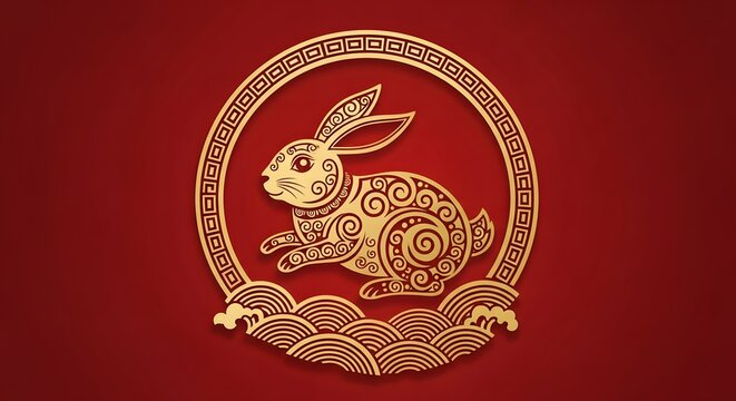 A golden rabbit symbol with intricate patterns and waves on a red background, representing the chinese zodiac year of the rabbit and good fortune