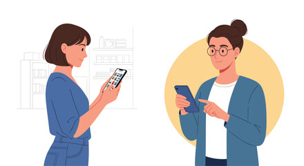 Two women happily browsing smartphones one in a modern office the other near shelves, Generative AI.