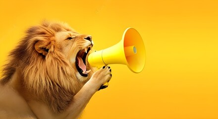 Lion roaring into a yellow megaphone on yellow background
