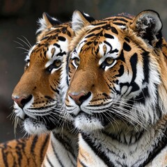 Obraz premium Two majestic tigers gazing intently in a lush jungle