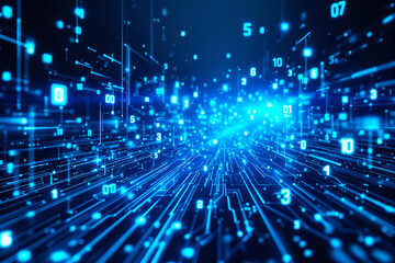 Futuristic digital data flow with glowing blue numbers and circuit lines in a high-tech cyber environment on a dark blue background. Ai generative. Ai generative