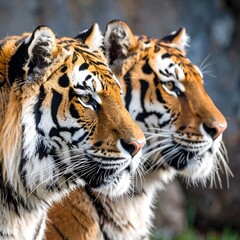 Obraz premium Two majestic tigers gazing intently in nature