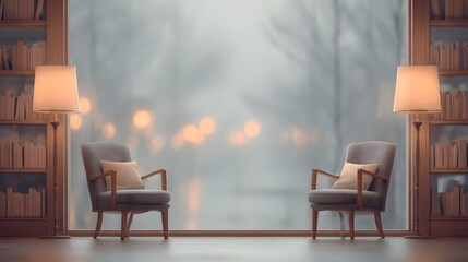 Community library corner with empty reading chairs, rainy afternoon soft light, muted pastel palette