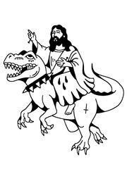 Jesus Christ riding a powerful Tyrannosaurus Rex