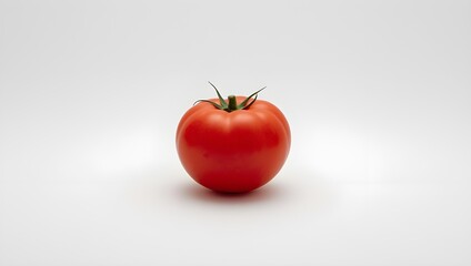 A vibrant, ripe red tomato sits centered against a clean white background, showcasing its fresh, natural beauty and round form