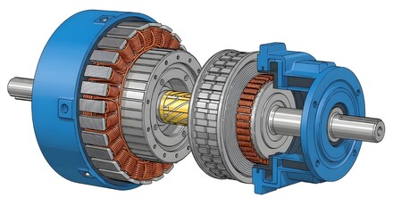 Cross-section of electric motor and gearbox on white background
