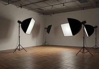Professional Photography Studio Setup with Softbox Lighting Equipment and Wooden Parquet Flooring Providing Ample Space and Controlled Illumination