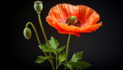 Vibrant orange poppy on black background