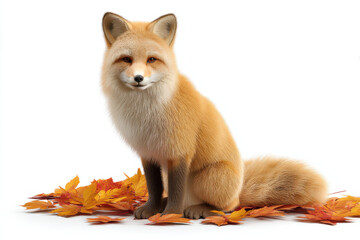 Obraz premium Realistic fox sitting among colorful autumn leaves, showcasing its vibrant orange fur and expressive face. scene evokes sense