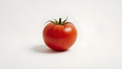 Close-up studio shot of a vibrant red, ripe, whole tomato with a green stem, isolated on a white background. Perfect for concepts of fresh food, healthy diet, and organic produce