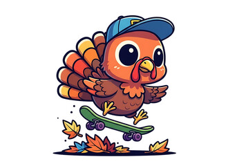 Fototapeta premium Cute cartoon turkey character wearing a baseball cap riding a skateboard autumn leaves falling transparent background