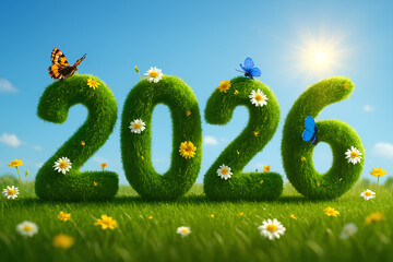 Floral Grass-Covered 2026 New Year Celebration – Spring Celebration Illustration with Butterflies and Flowers