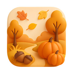 Autumn Landscape with Pumpkins, Acorns, Trees, and Falling Leaves – Whimsical Fall Season Illustration in Paper-Cut Style