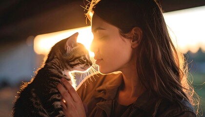 Woman Holding Kitten at Sunset with Golden Light