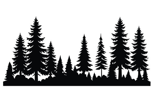 Silhouette Illustration of Pine Trees on a Hillside Against a White Background