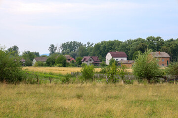A rural landscape unfolds from a wide field, where green grass and dry grains frame modest houses. Trees on the horizon create a natural backdrop, giving the photograph a sense of calm and tranquility
