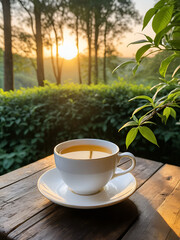 A cup of tea sits elegantly on a rustic wooden table, surrounded by vibrant greenery in the background, illuminated by soft golden hour light.