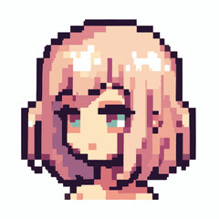 A beautifully crafted pixel art headshot of a female anime character with soft pink hair, created in a nostalgic retro gaming sprite style