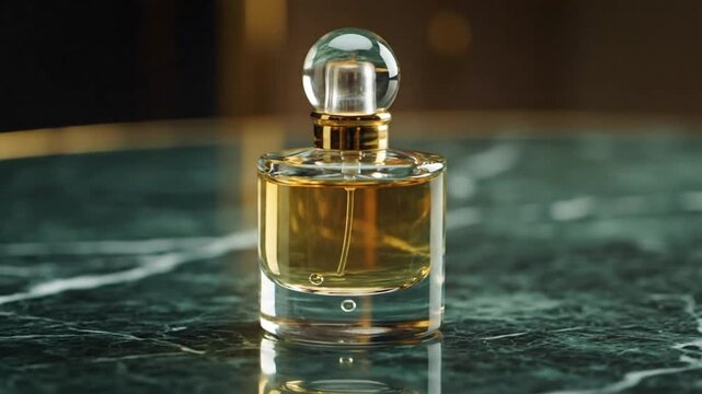Elegant perfume bottle on polished green marble UHD cinematic