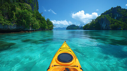 Group of friends kayaking in clear emerald waters of Krabi island 