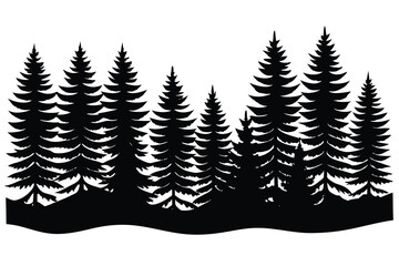 Obraz premium Silhouette of Evergreen Pine Trees Forest on a Hill Isolated on White