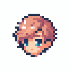 A charming pixel art illustration of a cute anime-style boy's head with blonde hair and blue eyes, suitable for a digital avatar or character icon