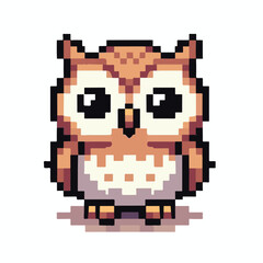 Adorable pixel art owl character in an 8-bit retro style. Cute brown cartoon bird mascot for video games or digital art, isolated on a white background