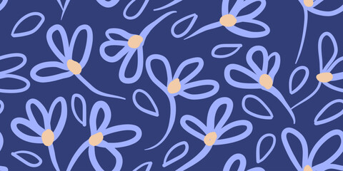 Hand drawn lines pastel blue flower, seamless patterns on blue background. Minimalist simple flat doodle lines floral fabric design. Design for clothing, textiles, cover, wrapping paper. Vector EPS10.