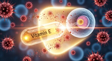 Vitamin E Capsule Protecting Cells from Viruses: A Detailed Medical Illustration