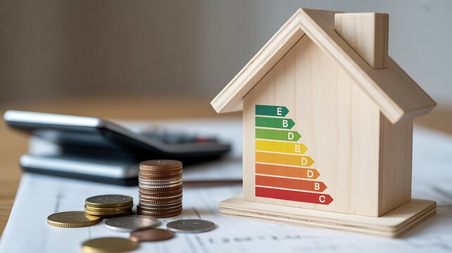 Calculating the financial benefits and investment costs for an energy-efficient house. A miniature home with an energy performance rating chart, coins, and a calculator on a desk