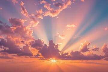 Obraz premium Colorful sky with sunbeams through pink and orange clouds in soft pastel tones, dreamy background for nature, hope, and peace concepts. Ai generative