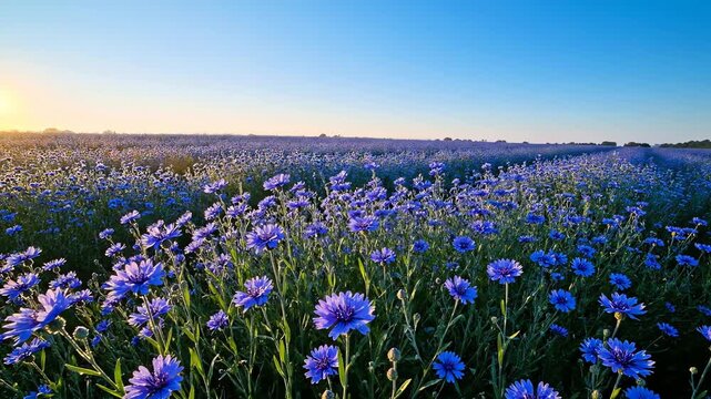 Golden Hour Sunlight Illuminates an Endless Field of Vibrant Blue Cornflowers at Sunset