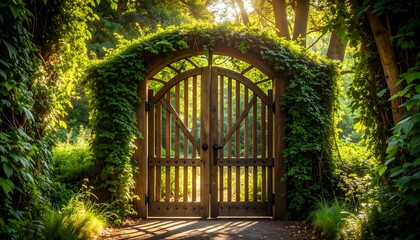 Wooden Gate Entryway in Lush Green Garden Sunlight