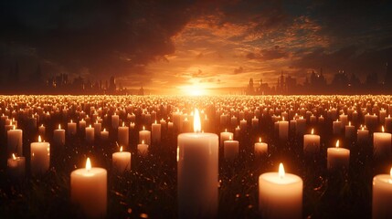Sunset over a Field of Candles Creating a Serene and Peaceful Atmosphere