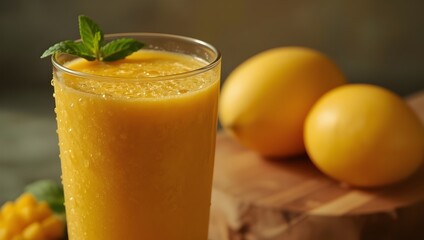 Fototapeta premium Refreshing Mango Smoothie with Fresh Mint and Ripe Mangos on Wooden Board