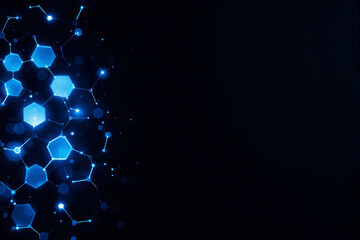 Glowing blue hexagonal network structure on dark background with futuristic digital connections and light particles for creative technology concepts. Ai generative