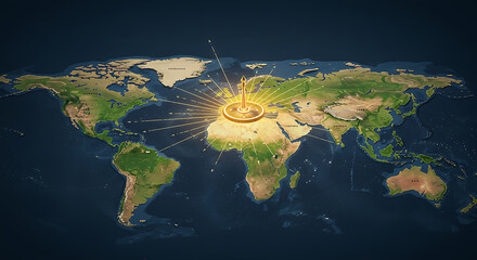 A world map with a golden structure in africa emitting rays across the globe highlighting continents © MdEkramul