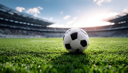 Obraz premium Classic soccer ball on green field inside a stadium