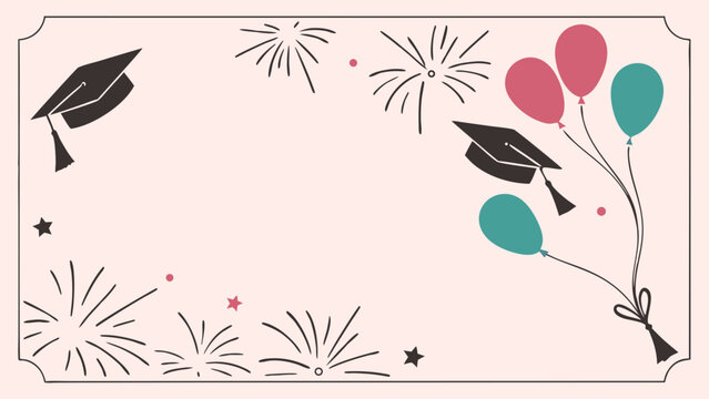 Graduation invitation card design template celebration achievement diploma party festive balloons caps fireworks border background congratulation success academic education commencement ceremony grad.