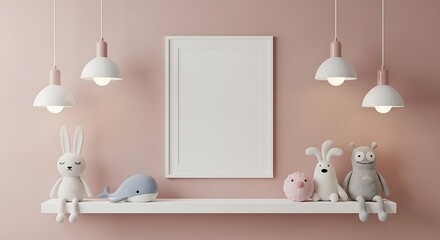 Pink Nursery Shelf with Toys and Frame.