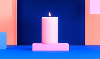 Minimalist Arrangement of Pink Candle on Colorful Geometric Background
