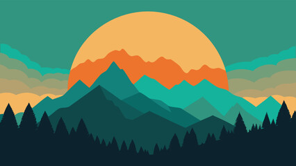 Teal Mountain Range with Sunset and Silhouetted Trees, Flat Illustration