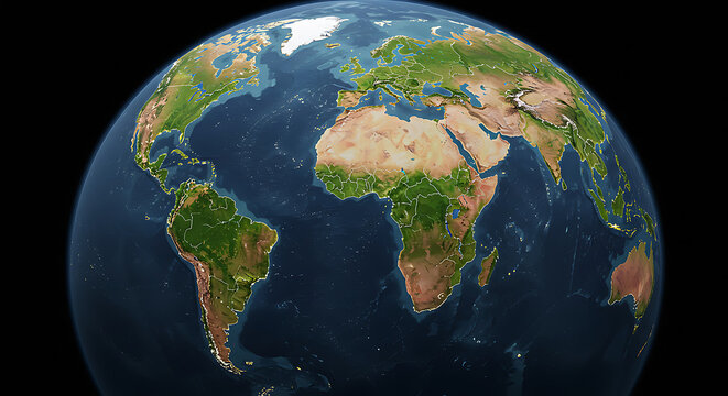 A view of the earth from space showing continents and oceans against a dark background in full view