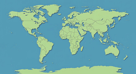 A world map illustration with green continents and a blue ocean background showing all countries