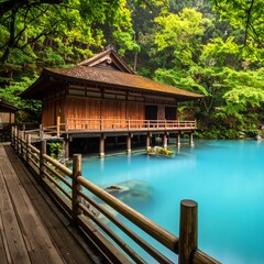 Serene Japanese Temple by Azure Pond