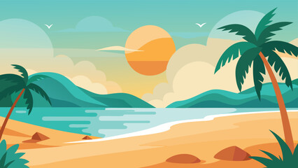 Tropical Beach with Palm Trees, Golden Sand, Turquoise Sea, and Setting Sun